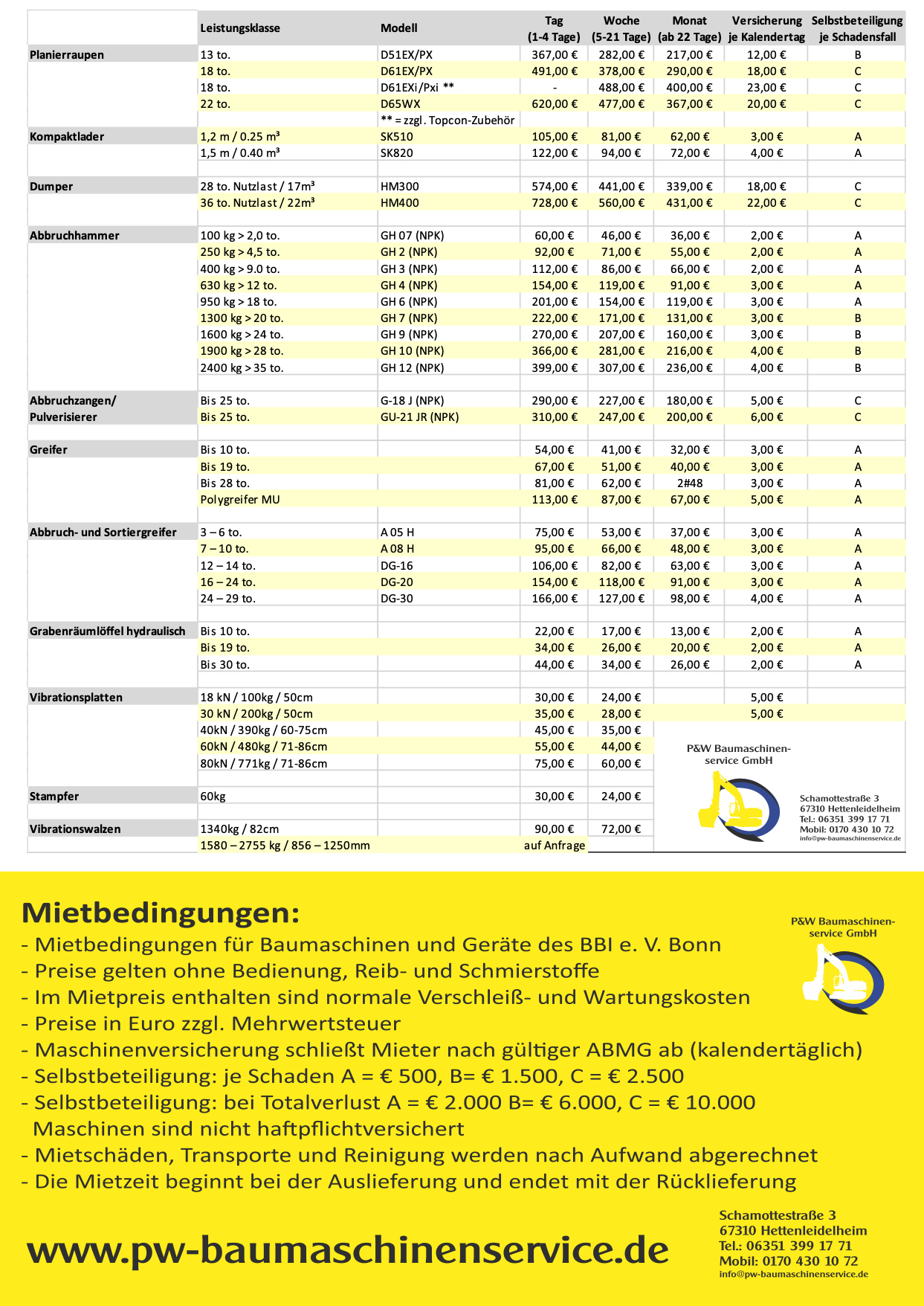 Mietpreisliste - P&W Baumaschinenservice GmbH